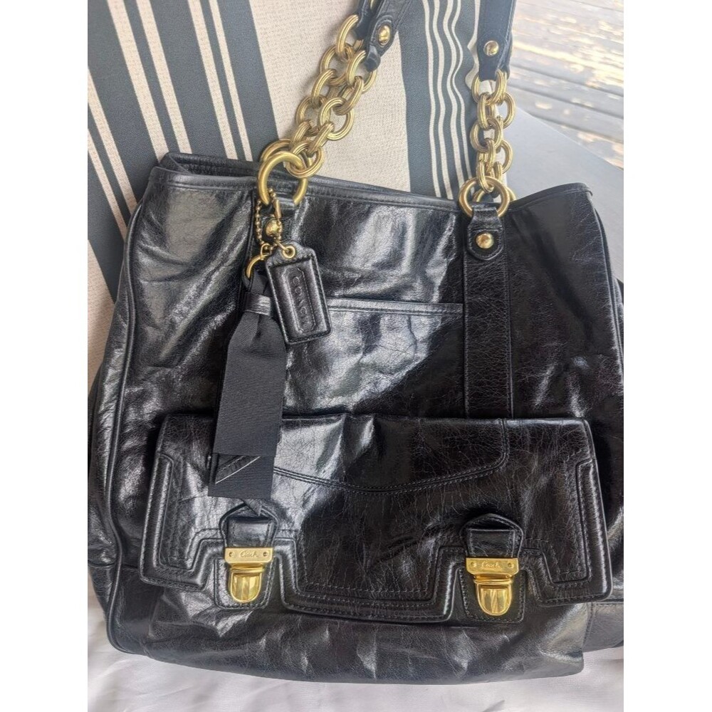 Coach Poppy Black Distressed Leather Chain Strap Tote Shoulder Bag Pink Lining - Picture 2 of 12